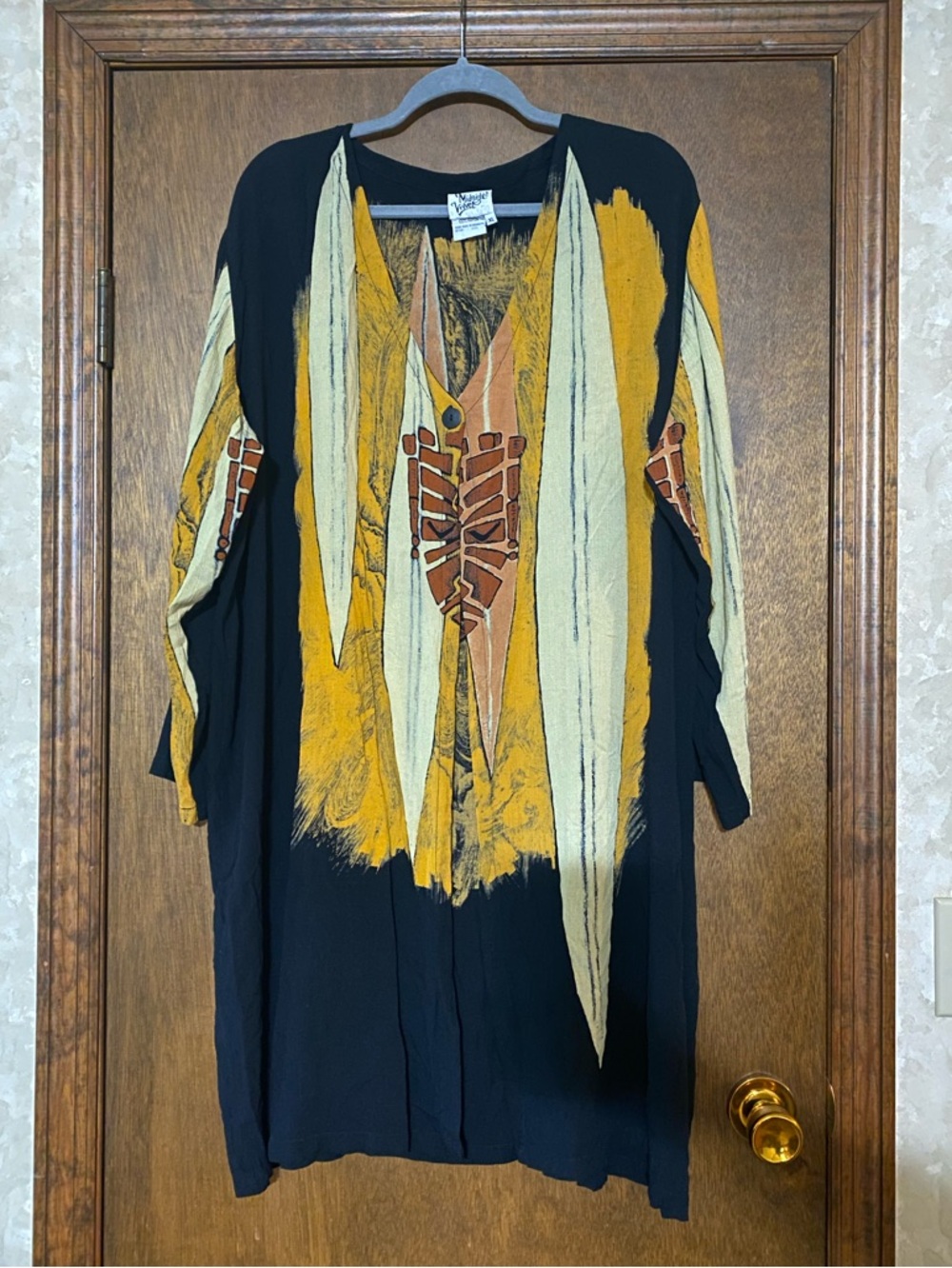 Vtg Midnight Velvet Abstract Tribal Geometric Cardigan Duster XL Artsy Boho